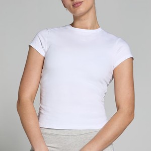 <b>Women's</b> <b>White</b> Solid Color Crew Neck T-<b>Shirt</b> Slim Fit Crop Length Ruched Detail Knitted Breathable <b>Short</b> <b>Sleeve</b> Minimalist Style - Product Image 1