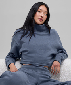 Sweat-shirt à col roulé pour femme, col rond, couleur unie, manches longues, tricoté en coton et fibre de bambou, respirant, pour l'automne - Product Image 4