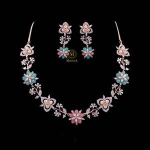 Pihu Pastel Color Designer Gold Plated Zircon Bridal Necklace and Earring Set - Product Image 4