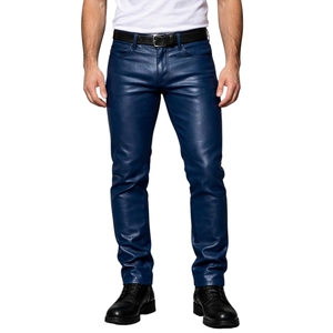 Pantalon en cuir bleu marine, coupe slim, pantalon en cuir véritable, classique, 5 poches, pantalon de motard, élégant, pour homme - Product Image 4