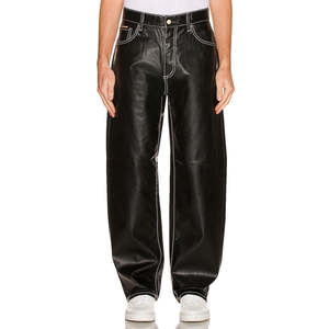 Pantalon large pour homme en similicuir PU noir léger, taille haute, imperméable, avec surpiqûres blanches, style streetwear - Product Image 6