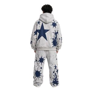 Conjunto Deportivo de Felpa con Estampado de Estrellas Rotas, Color Gris Azulado con Efecto Lavado, Sudadera con Capucha y Pantalones Deportivos Estilo Urbano - Product Image 2