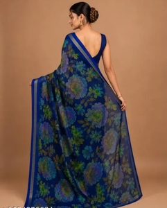 Sari Azul con Estampado Floral de Georgette para Mujer, Diseño KV, con Blusa Sin Coser - Product Image 6