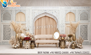 Grand Reception Stage Arabic Style Mirror <b>Frames</b> Designer Mughal Style <b>Arched</b> Backdrop Panels Luxury White & Gold Wedding Stage - Product Image 2