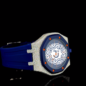 Blue Dial Luxury Octagon Brass Sapphire <b>Crystal</b> Quartz <b>Watch</b> Rhinestone Bezel Rubber Strap Bar Scale Fashion Dress Style 42mm - Product Image 4