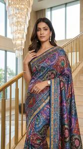 Sari en soie imprimé Ajarakh avec broderie miroir et bordure passepoilée, réversible, longueur ras du sol, coupe classique, robe ethnique pour femme pour mariage - Product Image 3