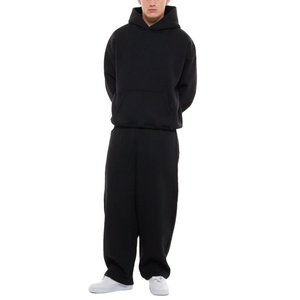 Ensemble survêtement homme noir à capuche, coupe ample, décontracté, avec poches latérales, en coton respirant - Product Image 1