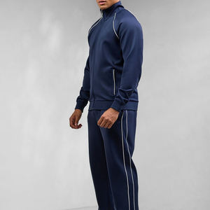 Men's Navy Blue Tracksuit Full Sleeve Solid Color Casual Jogger Set Turn-<b>down</b> Collar Breathable 100% Polyester Autumn Wear - Product Image 3
