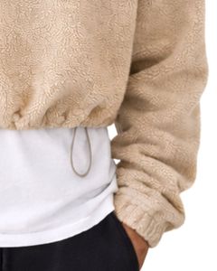 Sudadera con capucha corta de forro polar texturizado beige personalizada, con cremallera de cuarto, dobladillo con cordón ajustable, estilo casual urbano, cálida, con logotipo personalizado - Product Image 6