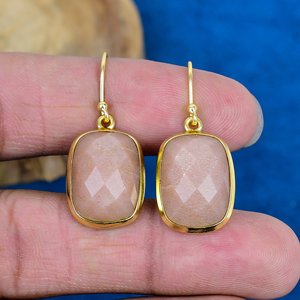 Natural Peach Moonstone Cushion Shape Gemstone Hook Drop <b>Dangle</b> <b>Earrings</b> 18k Gold Micron Over 925 Sterling <b>Silver</b> - Product Image 2