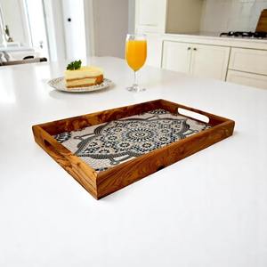 Plateau de service en bois sur mesure avec impression, grand plateau rustique pour la décoration de la maison et de la cuisine, provenance Inde - Product Image 2