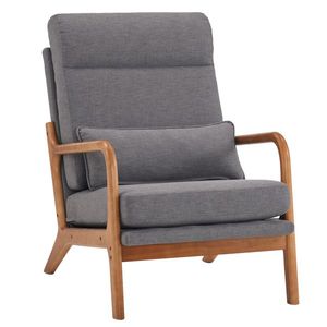 Poltrona Relax da Interno in Legno Massello con Schienale Alto e Struttura in Ferro, Rivestimento in Lino Grigio Scuro, Reclinabile Manualmente per Soggiorno - Product Image 4