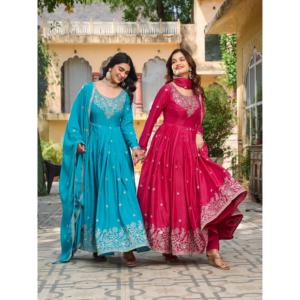 Vestido Anarkali de diseñador para fiestas Vestidos de noche elegantes con hilo y trabajo de secuencia - Product Image 6