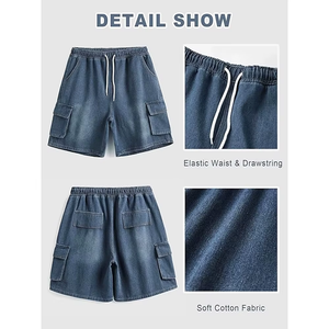 Shorts cargo en denim délavé pour homme, taille mi-haute, fermeture élastique, style décontracté avec poches, tissu en toile 100% coton - Product Image 4