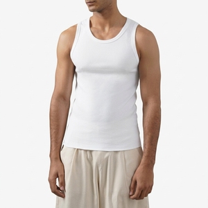 Men's <b>White</b> Ribbed Knit <b>Tank</b> <b>Top</b> O-Neck Solid Color Casual Wear 100% Cotton - Product Image 1