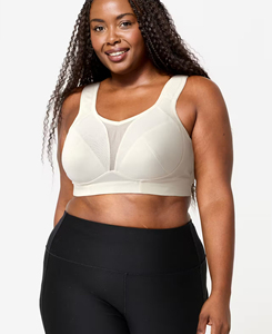 Soutien-gorge de yoga sans couture en maille haute performance pour femme, maintien élevé, couleur ivoire unie, logo personnalisé sur le devant, bretelles spaghetti, décolleté en V profond - Product Image 1