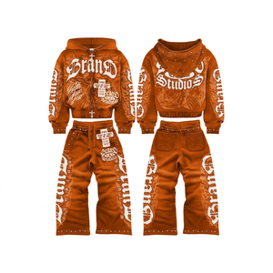 Conjunto de Sudadera con Capucha y Pantalones de Algodón para Hombre, Estilo Urbano, con Estampado por Sublimación Azul, Chaqueta con Cremallera, OEM ODM - Product Image 3