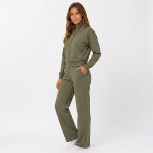 Ensemble de survêtement personnalisé pour femme de haute qualité, veste zippée à col montant et pantalon long, 100 % coton, tenue deux pièces unie, faible MOQ - Product Image 4