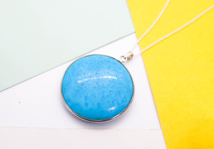 Man-Made Turquoise Pendant Necklace 925 Sterling Silver Large Round Cabochon Blue <b>Stone</b> Minimalist Jewelry - Product Image 2
