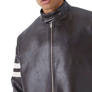 Men's Black PU Leather Moto <b>Jacket</b> With <b>White</b> Stripe Sleeves Stand Collar Zipper Closure Regular Fit Autumn Wear - Product Image 4