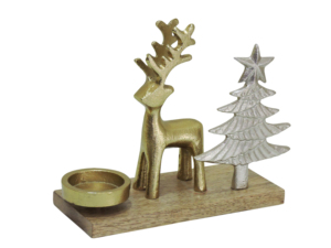 Porte-bougie de Noël avec rennes dorés et arbre à étoiles argenté sur base en bois - Décoration de table festive pour les fêtes - Product Image 3