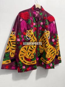 Hand Embroidered Finished Vintage Velvet Sheep Skin <b>Women's</b> Blazer Turn-down Collar Full Sleeve Solid Pattern Breathable Cotton - Product Image 3