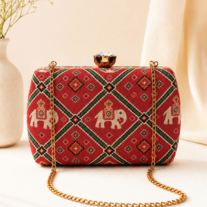 <b>Red</b> Elephant Print <b>Clutch</b> Bag Designer Ethnic Handbag for Women Wedding and Festive Wear - Product Image 1