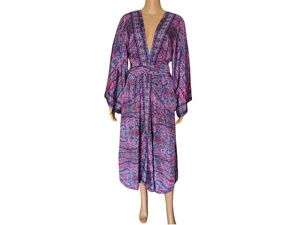 Robe Kimono Maxi Coréenne Taille Unique en Soie Tissée Indienne, Style Géométrique Y2K Bohème Naturel, Col en V, Manches Longues, Douce pour l'Été - Product Image 4