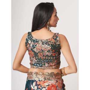 ชุดส่าหรีงานปาร์ตี้ผ้าออร์แกนซ่าพิมพ์ลายดอกไม้สีฟ้าโดฟ แบรนด์ Beautiful Zeel พร้อมเสื้อคลุม  แบบยังไม่เย็บติดกัน - Product Image 3