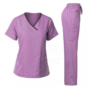 Ensemble de blouses médicales pour femmes, couleur violette, haut à col en V et manches courtes avec poches et pantalon à cordon, uniformes d'hôpital - Product Image 1