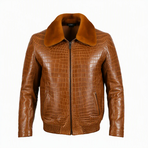 <b>Men's</b> Embossed PU Leather <b>Bomber</b> <b>Jacket</b> With Faux Fur Collar Zipper Closure Moto Biker Style Winter Coat - Product Image 3