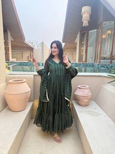 Ensemble Anarkali rayé vert pour femme, robe à manches longues à volants, tenue ethnique, tenue de soirée - Product Image 6