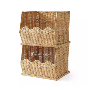 Modern Rectangle Stackable Rattan Woven <b>Storage</b> Baskets Luxury Wicker Modular Organizer <b>Bin</b> Scalloped Front Open Rim <b>Storage</b> - Product Image 2