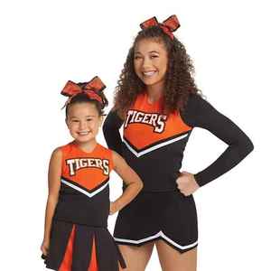 Vente en gros : Nouveauté – Robe sans manches pour petites filles, costume de pom-pom girl avec jupe, uniformes de cheerleading personnalisés à bordure dorée - Product Image 3