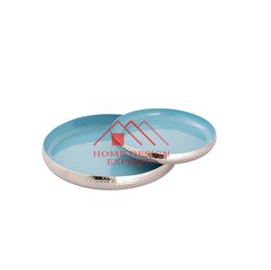 Plateau de service alimentaire en métal fait main, finition argentée à l'extérieur et bleue à l'intérieur, pour hôtels et restaurants, pour servir boissons et aliments. - Product Image 1