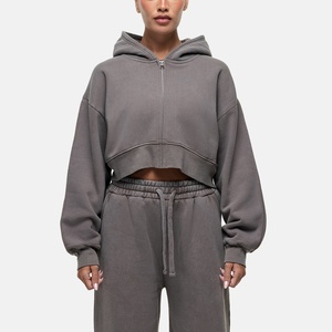 Street Wear Drop Shoulder Hoodie Fleece Inside Long Sleeve Cropped Jackets Sweater Crop Top <b>Zipper</b> Hoodie for Women - Product Image 3
