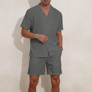 Men's Casual Summer Co-ord <b>Set</b> Knitted Short-sleeve Shirt Drawstring Shorts Patch Pockets Breathable Solid Printed Shorts <b>Sets</b> - Product Image 5