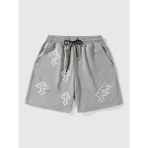 Shorts décontractés pour hommes, beige, à motif géométrique brodé, avec cordon de serrage, taille mi-haute, style respirant - Product Image 5