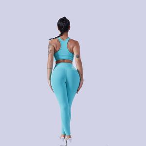 Conjunto de Yoga sin Costuras Color Verde Azulado, Leggings de Cintura Alta, Top Corto con Tirantes Cruzados, Cuello Redondo, Ropa Deportiva Elástica en Cuatro Direcciones para Mujer, Largo Completo - Product Image 2