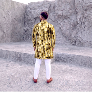 Gold Foil Print <b>Mens</b> <b>Kurta</b> Pajama Cotton Achkan Sherwani Traditional Party Outfit In-Stock - Product Image 4