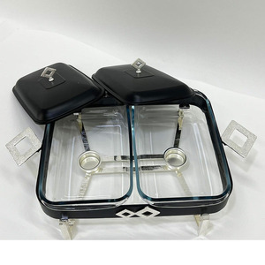 Plat à réchaud double noir avec accents ornés de diamants, poignées argentées et couvercles élégants pour événements de buffet de luxe et mariages - Product Image 5