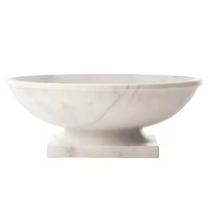 Bol de service en marbre blanc pur de style moderne sur piétement haut, avec base colonne surélevée, récipient en pierre - Product Image 2
