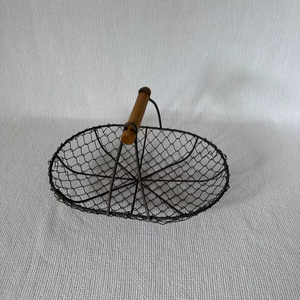 Vintage Wire Basket with Wooden Handle, Rustic Farmhouse <b>Egg</b> Basket, Metal Mesh Gathering Basket, Cottage Kitchen <b>Storage</b> Decor - Product Image 1