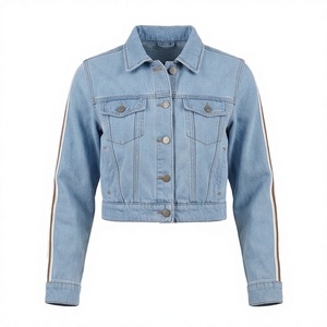 Light Blue <b>Denim</b> <b>Jacket</b> With Side Stripes Turn-down Collar Casual Short Length Unisex Spring Wear - Product Image 2