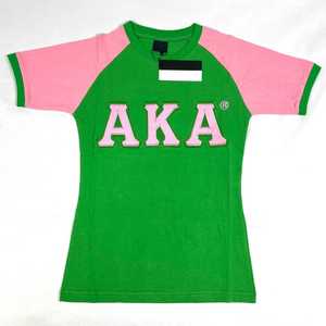 AKA Rose Vert Premium Raglan Chemise Femmes Lettre Grecque Brodée Contraste Manches Ras Du Cou Haute Qualité Casual Top - Product Image 1