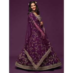 Lehenga Choli de mariage en soie d'art violet avec des ensembles de bijoux de mode de broderie de fil agréable - Product Image 5