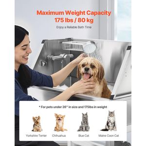 Stazione di lavaggio per cani da esterno in acciaio inossidabile da 34 pollici con rubinetto caldo/freddo, soffione doccia, portaoggetti e design anti-piegamento - Product Image 4