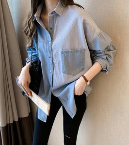 Women Denim <b>Shirt</b> Long Sleeve Button Down Striped <b>Patchwork</b> Casual Loose Fit Top With Pockets All Seasons Wear - Product Image 4