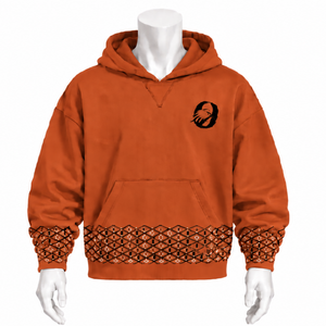 Burnt <b>Orange</b> Embroidered Border Hoodie Heavyweight <b>Fleece</b> Pullover Decorative Hem Cuffs Kangaroo Pocket Casual Streetwear Top - Product Image 1