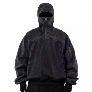 Sudadera con capucha de punto para hombre, estilo ninja, con cremallera de un cuarto, lavado ácido, vintage, hombros caídos, venta al por mayor - Product Image 2